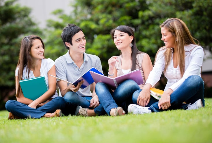 Happy group of students sitting at the park talking