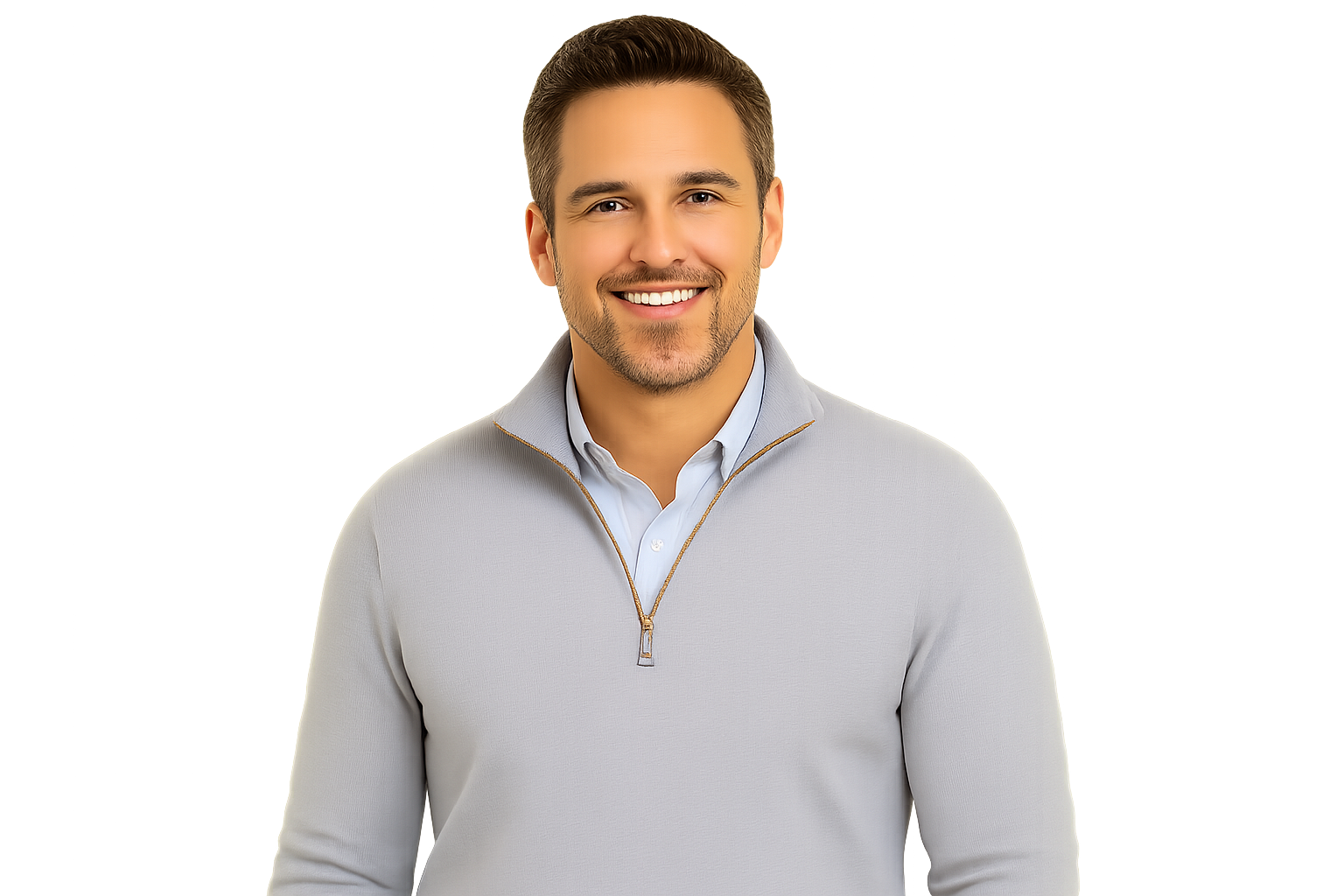 Man in gray sweater looking at the camera