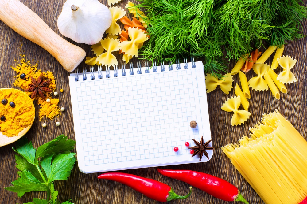 Chilli pepper macaroni herbs and splices on kitchen table